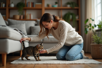 Femme guidant un chat tacheté dans un salon cosy