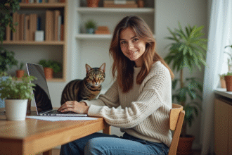 Jeune femme avec chat dans un salon lumineux