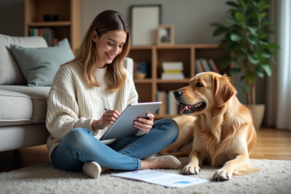 Jeune femme avec chien remplissant assurance à la maison