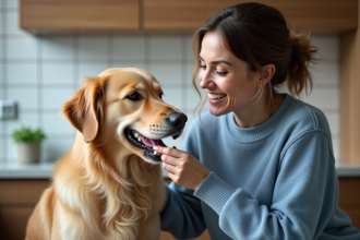 Femme en pull bleu brossant un chien golden retriever