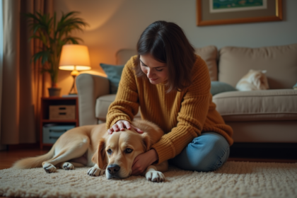 Femme réconfortant son chien dans un salon chaleureux