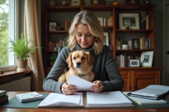 Femme assise avec un chien dans un bureau cosy