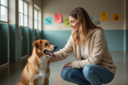 Femme en pull beige avec chien dans refuge animalier