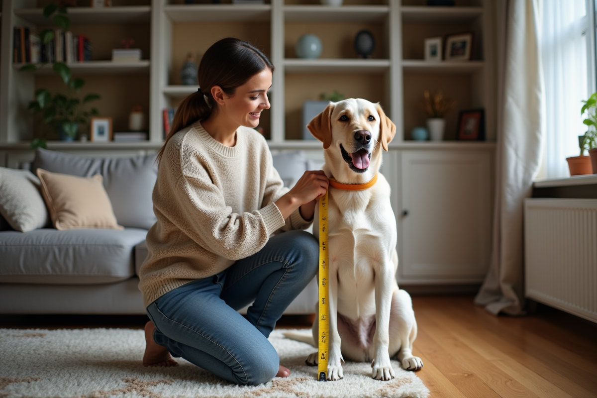 Femme mesure la taille d’un labrador dans le salon
