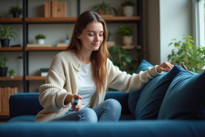 Femme utilisant un rouleau anti-peluche sur un canapé bleu marine