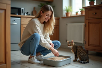 Jeune femme nettoyant la litière de son chat dans la cuisine
