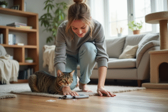 Femme nettoyant un parquet avec un chat à côté dans un salon lumineux