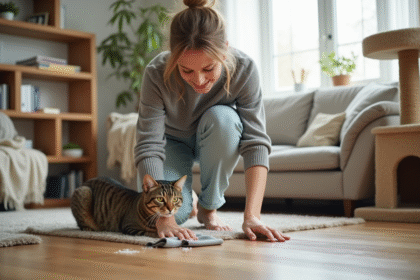 Femme nettoyant un parquet avec un chat à côté dans un salon lumineux