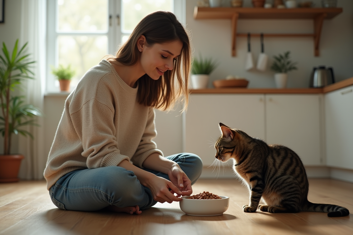 Femme en pull coton offrant de la nourriture à un chat tabby