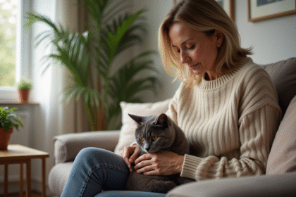 Femme relaxee caressant son chat gris sur son lit