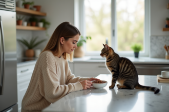 Femme dans une cuisine moderne donne à manger à son chat
