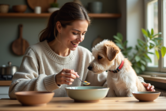 Femme d'âge moyen nourrissant son chien avec une cuillère