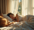 Femme dormant seule dans une chambre lumineuse et chaleureuse