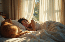 Femme dormant seule dans une chambre lumineuse et chaleureuse