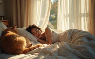 Femme dormant seule dans une chambre lumineuse et chaleureuse