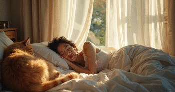 Femme dormant seule dans une chambre lumineuse et chaleureuse