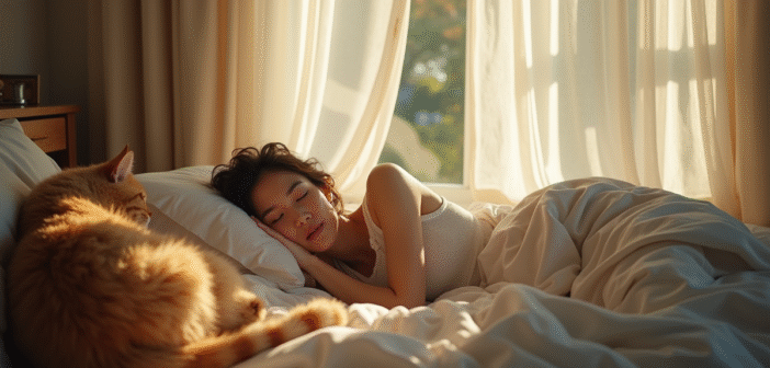 Femme dormant seule dans une chambre lumineuse et chaleureuse