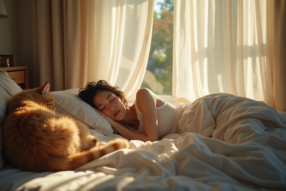 Femme dormant seule dans une chambre lumineuse et chaleureuse