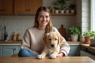 Femme souriante avec un retriever dans un cadre cosy