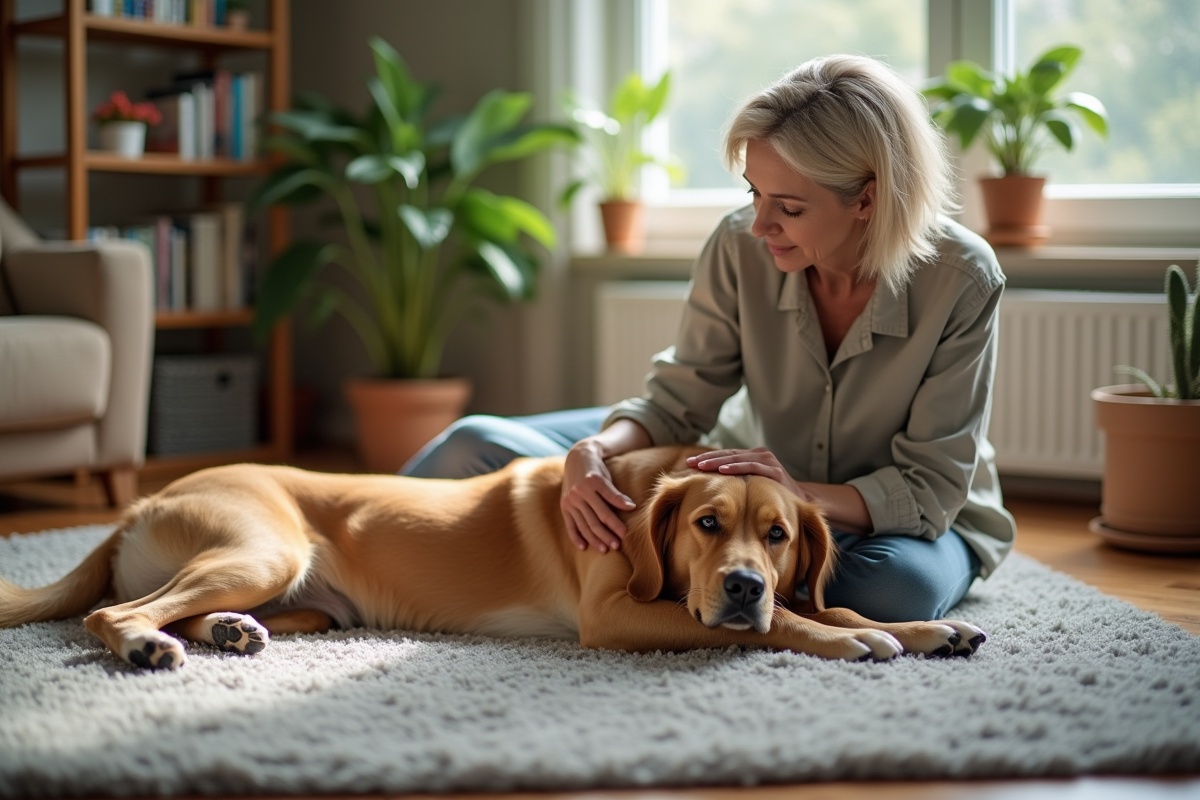 Femme caressant un retriever dans un salon lumineux