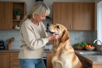 Femme adulte examinant son retriever en cuisine lumineuse