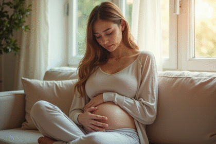 Jeune femme assise sur un canapé lumineux et apaisant