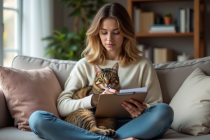 Jeune femme signant un document avec un chat sur ses genoux