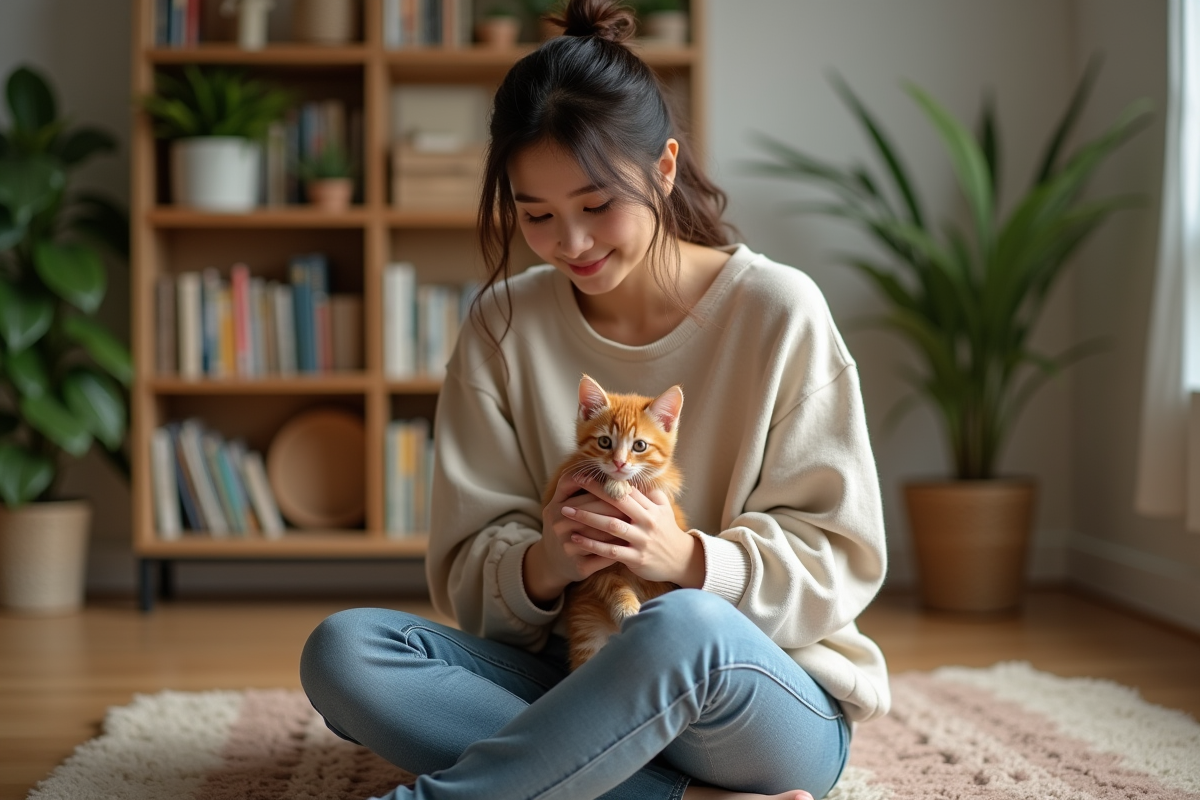 Femme tenant un petit chat orange dans un intérieur chaleureux