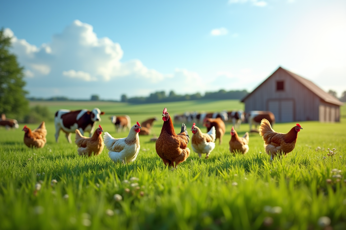 Paysage de ferme française avec poules en liberté et vaches dans un champ vert
