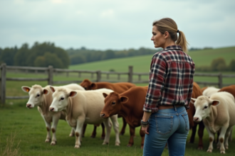 Fermière observant des vaches et moutons dans un pré verdoyant