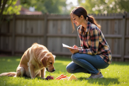 Jeune femme avec retriever dans jardin ensoleille