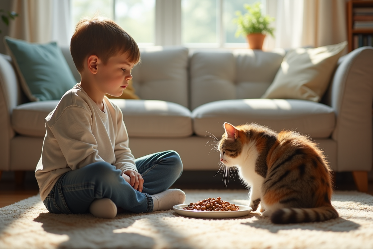 Jeune garçon regardant son chat calico avec nourriture