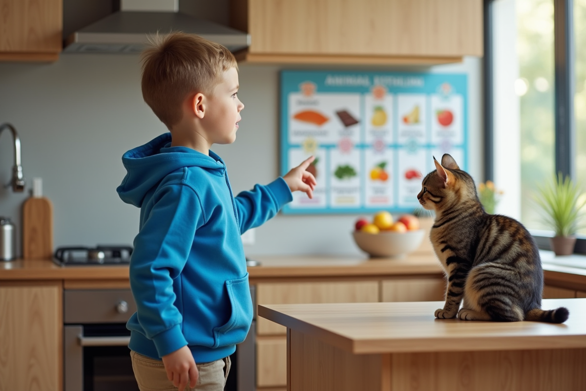 Garcon pointant tableau alimentation animale cuisine