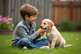 Jeune garçon avec chiot golden retriever dans le jardin