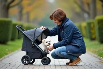 Poussette pour petits chiens en promenade dans un parc