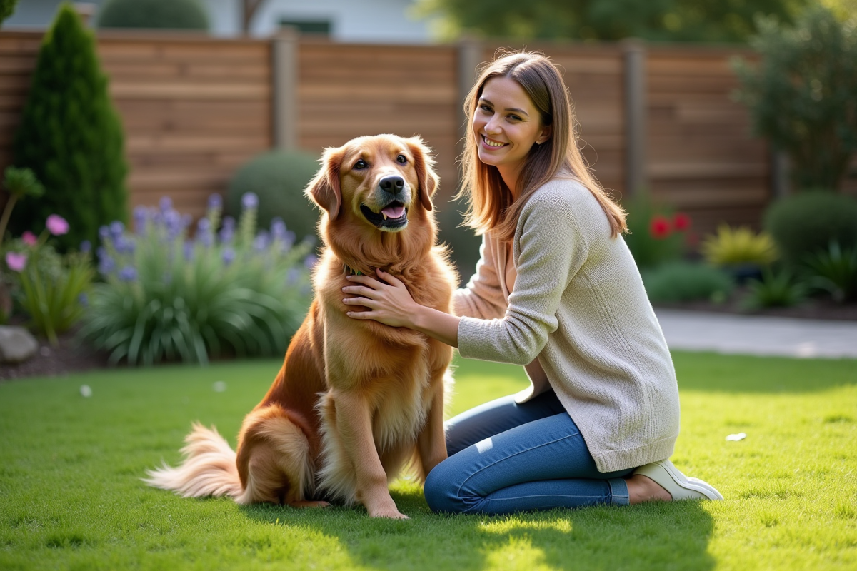 Chien golden retriever calme en jardin ensoleille