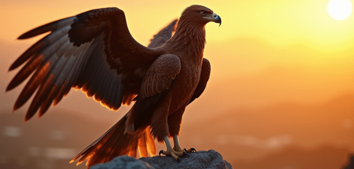 Griffon majestueux au lever du soleil sur une colline
