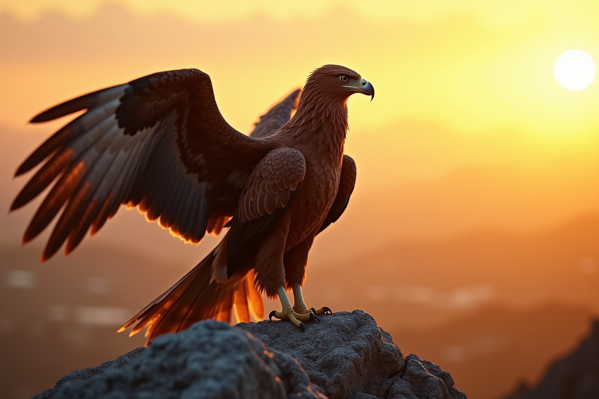 Griffon majestueux au lever du soleil sur une colline