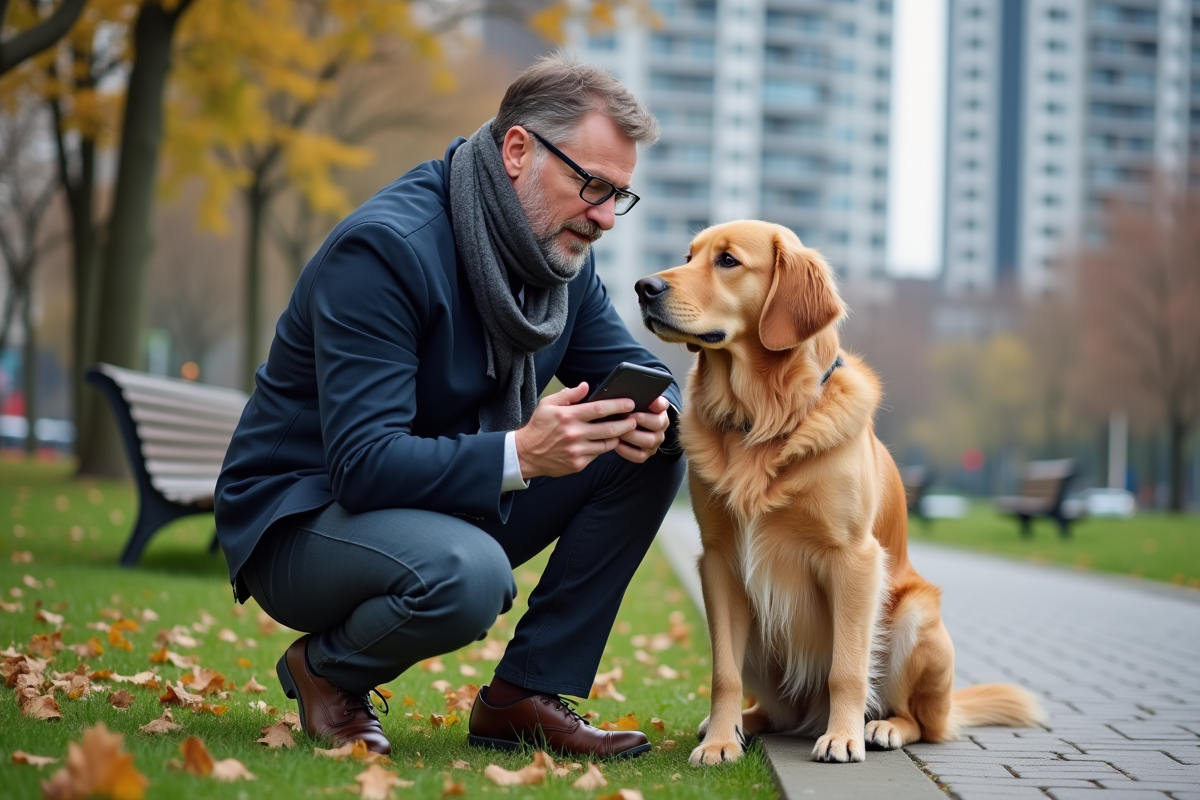 Homme avec un chien dans un parc urbain en reviewant des documents