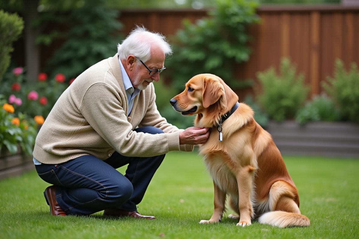Homme âgé attachant un collier à un chien dans le jardin