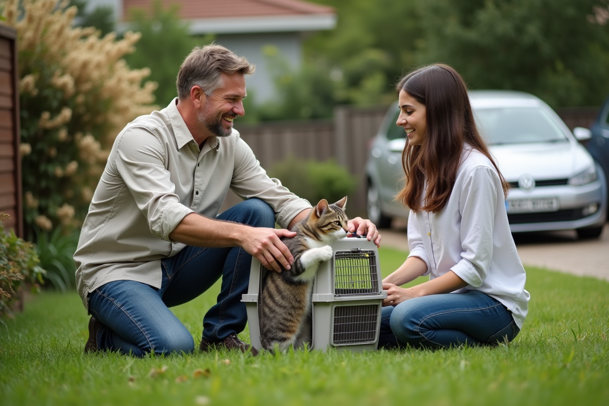 Homme donnant un chat à une jeune femme dans le jardin