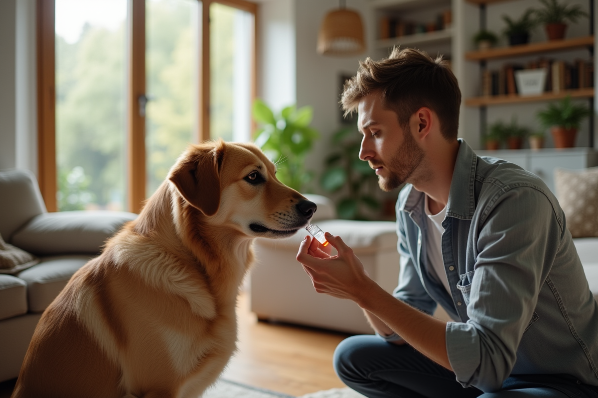 Homme donnant un médicament à son chien à la maison