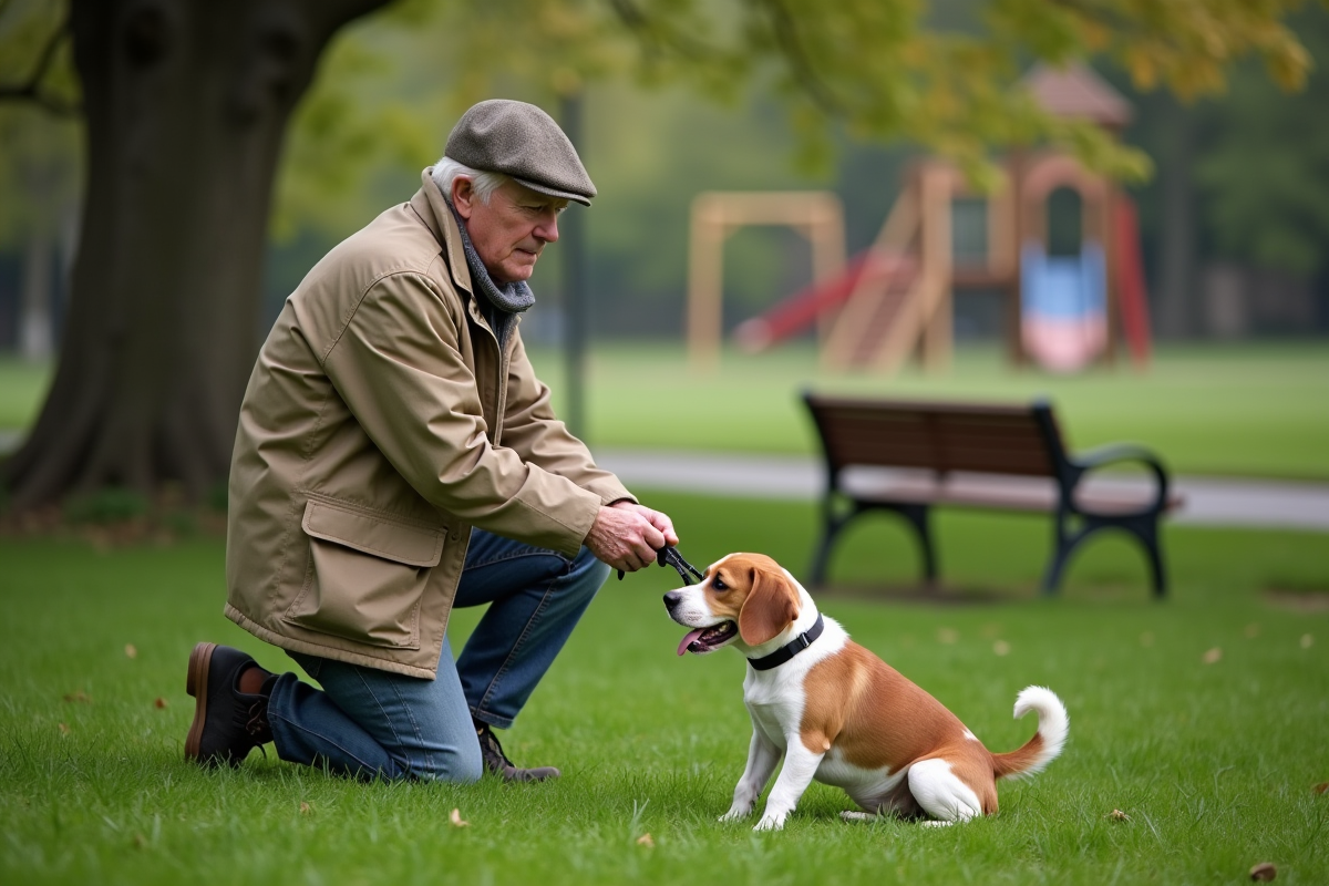 Homme retraité avec chien dans un parc