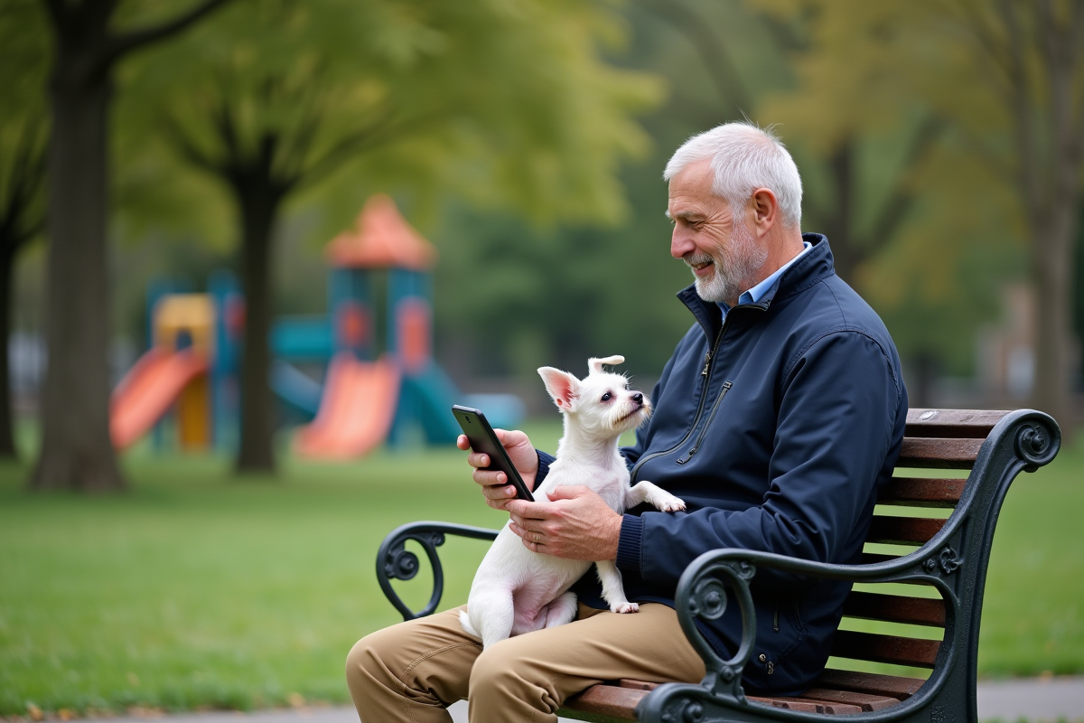 Homme âgé avec chien blanc en plein air dans un parc