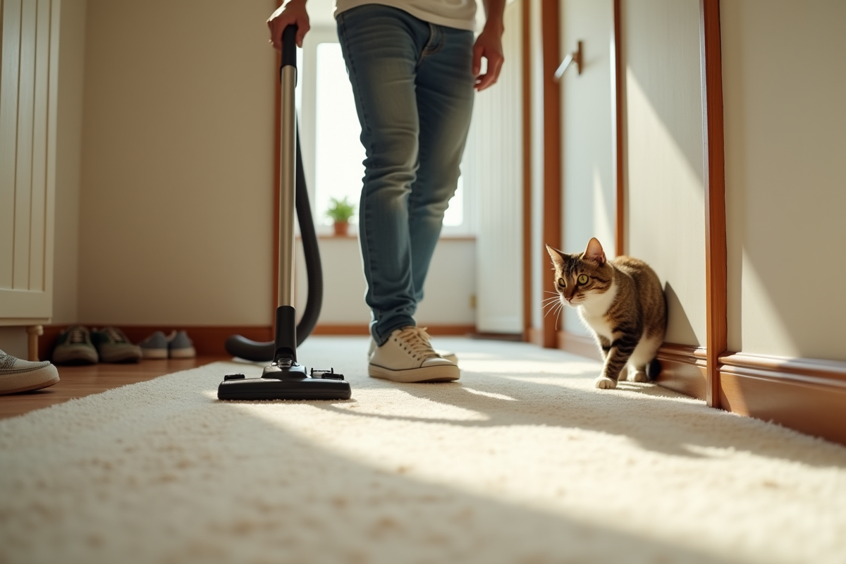 Homme aspirant un tapis crème avec un chat curieux à côté