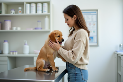 Jeune femme avec un chiot golden retriever dans une clinique vétérinaire
