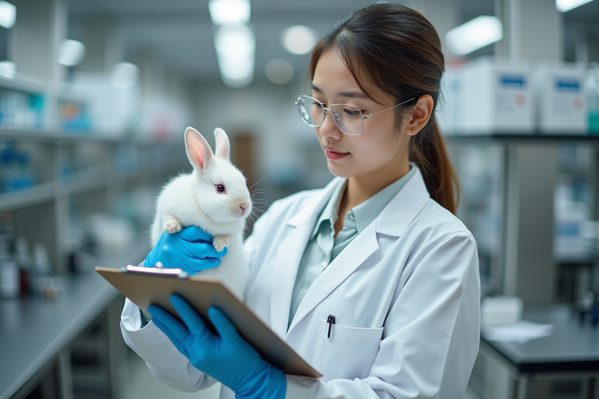 Jeune scientifique tenant un lapin dans un laboratoire moderne