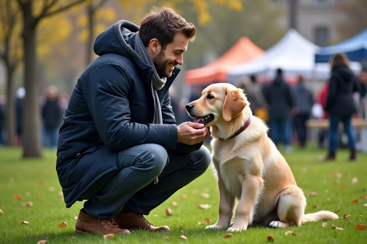 Jeune homme avec chiot golden dans parc urbain