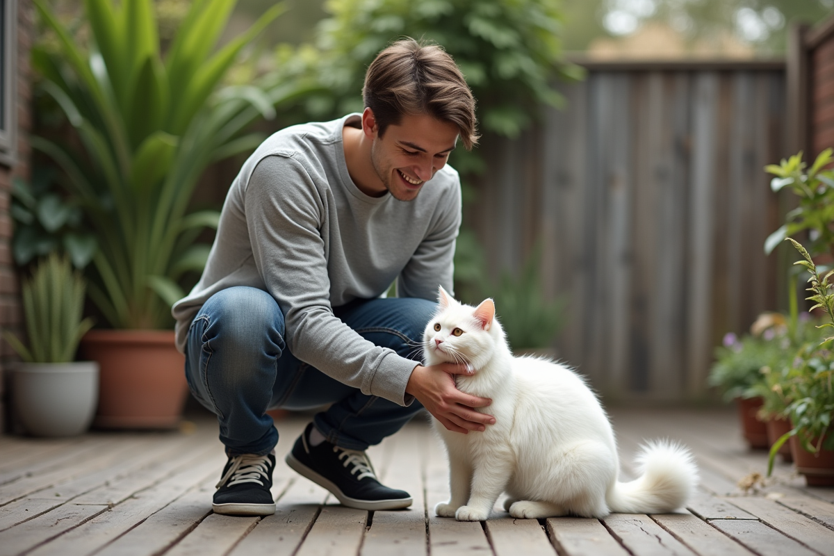 Jeune homme caressant son chat blanc en plein air
