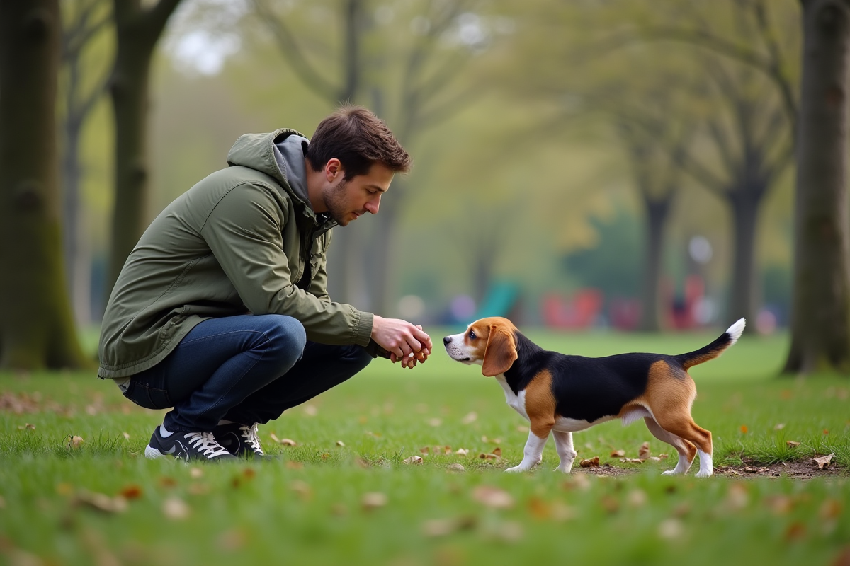Jeune homme avec un petit chien dans un parc